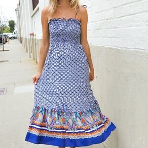 Haptics Blue Printed Smocked Maxi Dress with Colorful Border - 1X